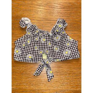 Vintage-Inspired Black & White Daisy Gingham Crop Top With Ruffle Sleeves & Tie